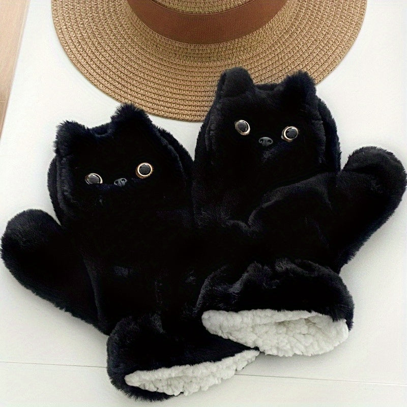Charming Black Cat Plush Gloves for Women - Cozy & Warm Winter Accessory with Detachable Drawstring, Perfect for Casual Outings and Cycling